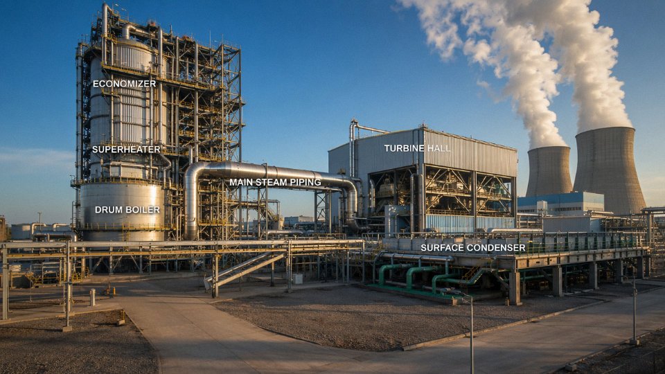 Large industrial power plant showing boiler, turbine hall, and condenser structures integrated on a single site