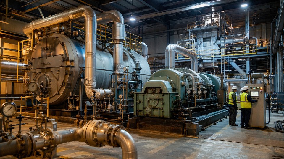 Industrial power plant boiler connected to a steam turbine and heat recovery system in a large facility