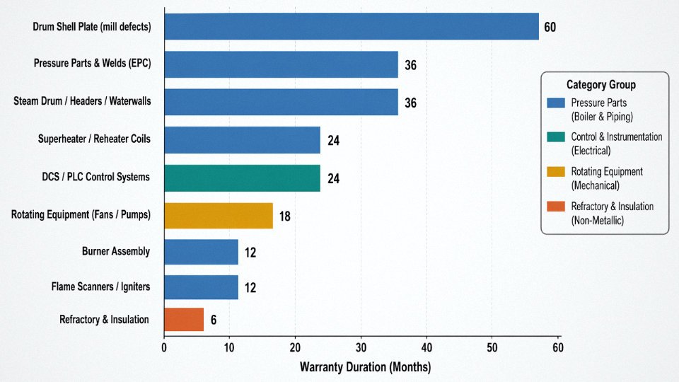 Horizontal bar chart comparing warranty durations in months for each major boiler component category