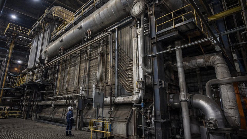 Large utility power plant boiler structure viewed from the turbine hall floor, showing pressure drums, waterwall panels, and steam piping