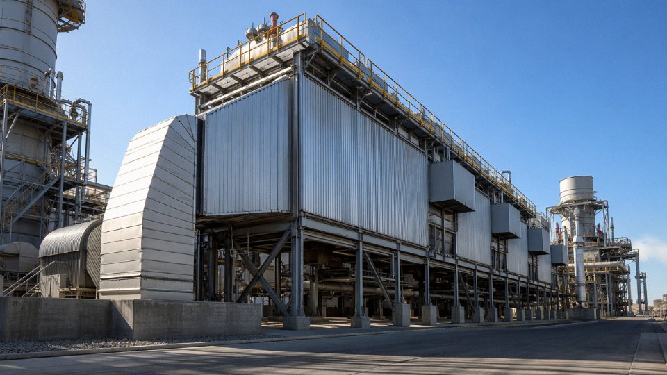 Large industrial HRSG unit installed outdoors beside a gas turbine in a combined-cycle power plant