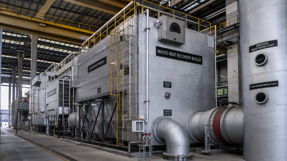 Industrial waste heat recovery boiler installation with visible duct burner section and SCR module in a cement plant setting