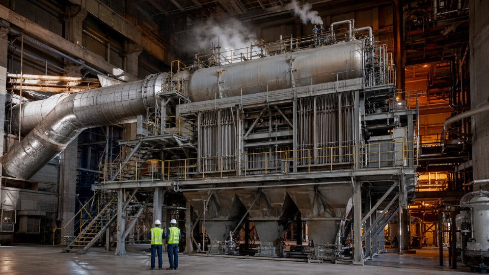 Large industrial waste heat recovery boiler installed in a cement plant, showing flue gas ducting and steam drum