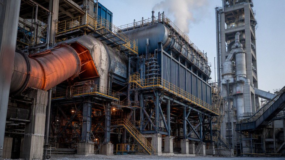 Large waste heat recovery boiler installed in a cement plant, with glowing flue gas ducts and steam rising from the drum