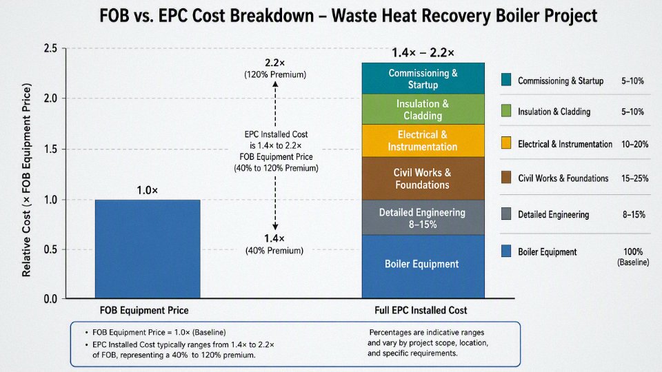 Stacked bar chart comparing FOB equipment price versus full EPC project cost for a waste heat recovery boiler, showing cost layers for engineering, civil works, electrical, insulation, and commissioning